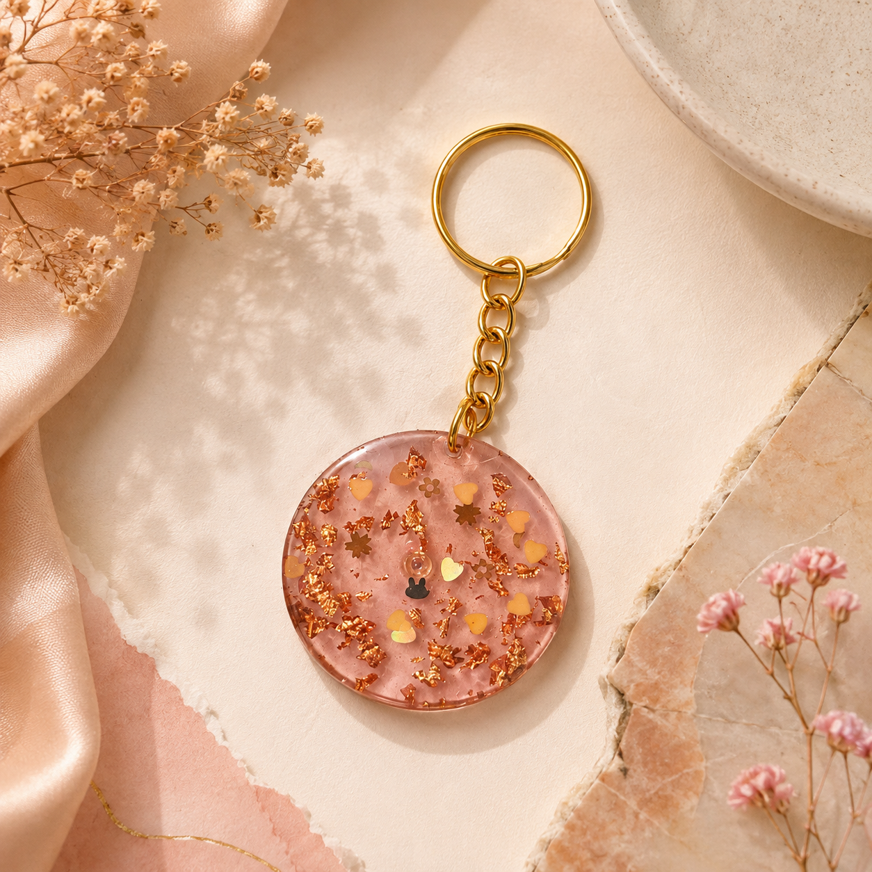 Handcrafted Blush Pink Round Copper Foil & Heart Confetti Resin Keychain