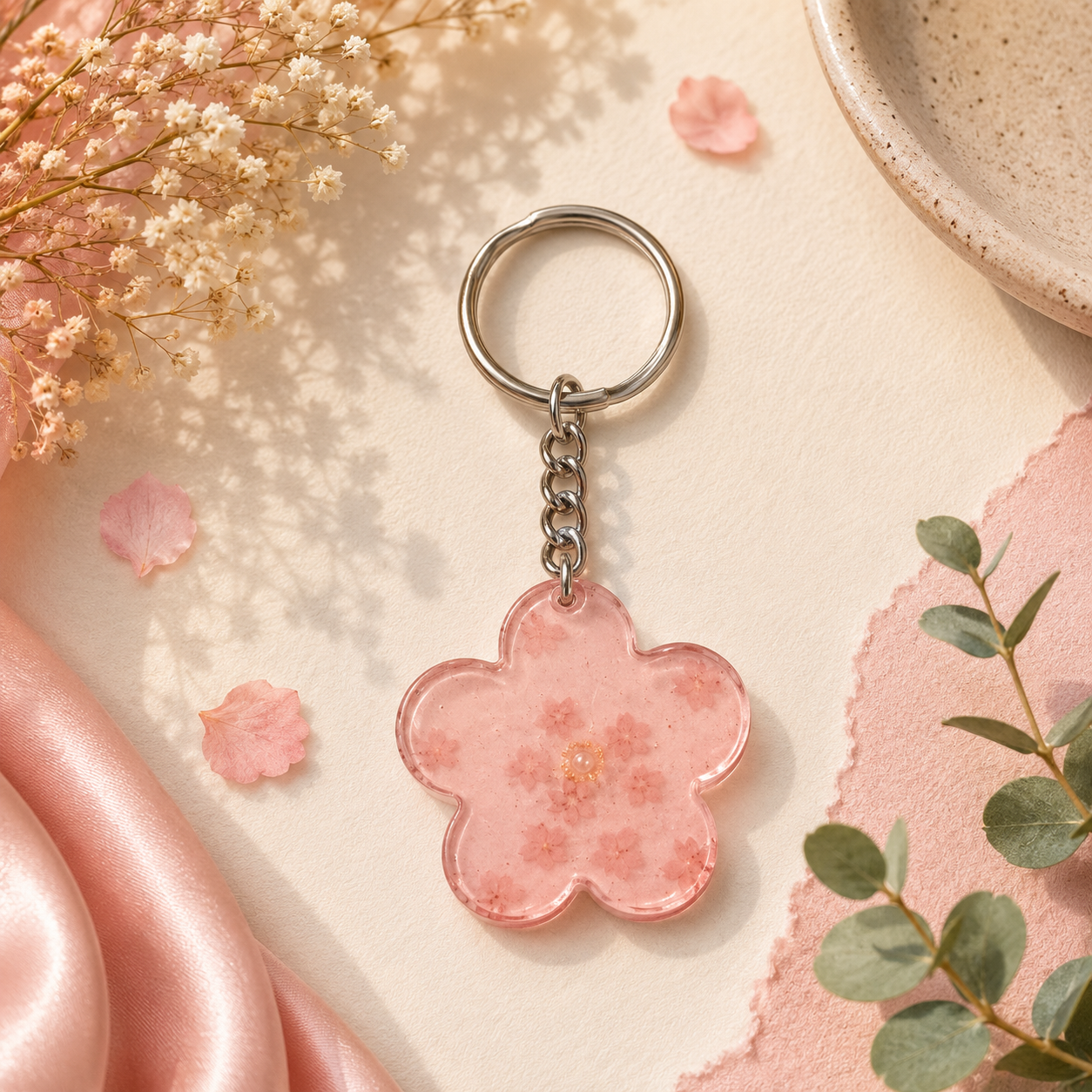 Handcrafted Cherry Blossom Pink Floral Resin Keychain
