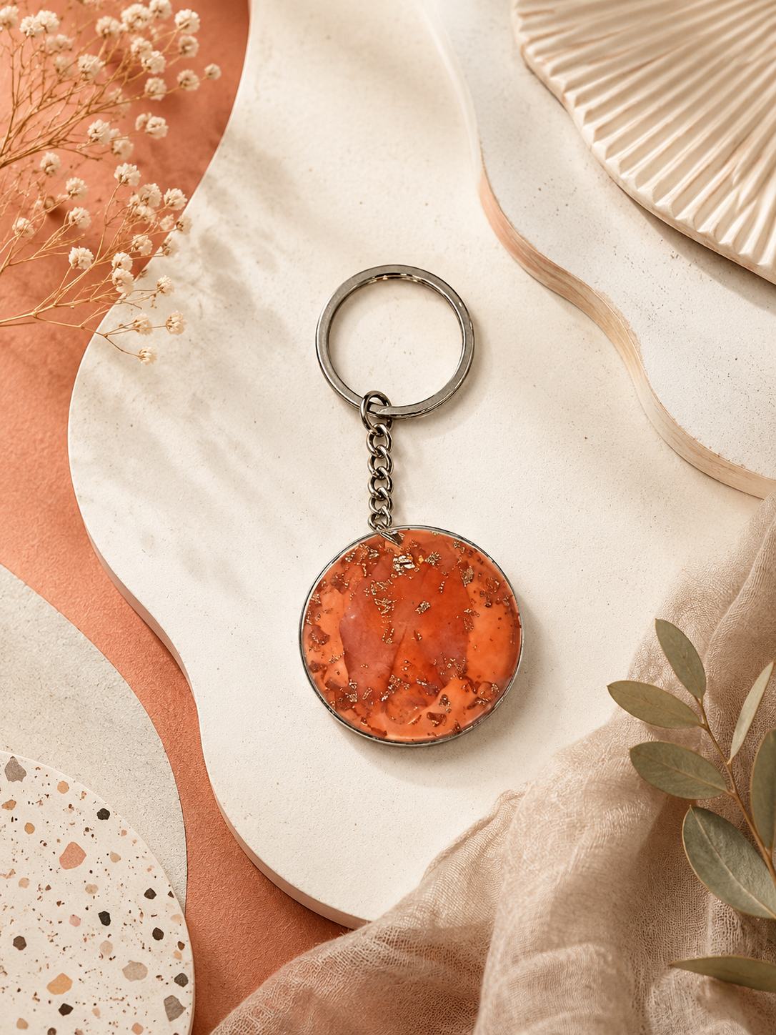 Handcrafted Circular Terracotta Orange & Gold Foil Resin Keychain