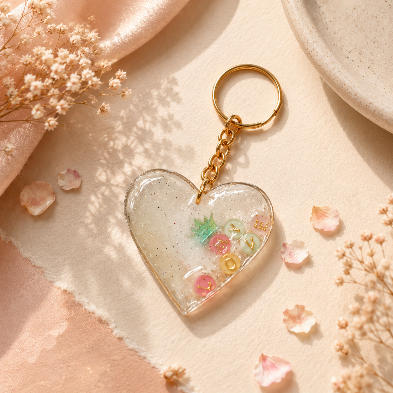 Handcrafted Clear Heart Glitter & Pastel Beaded 'MY LOVE' Resin Keychain