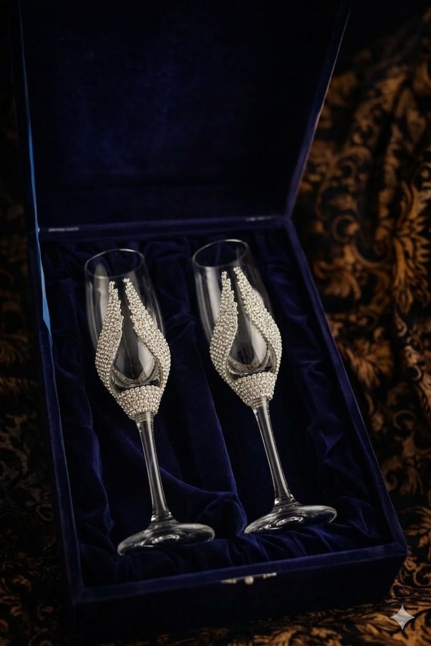 Crystal Rhinestone Embellished Champagne Flutes Set with Velvet Box - Pack of 2