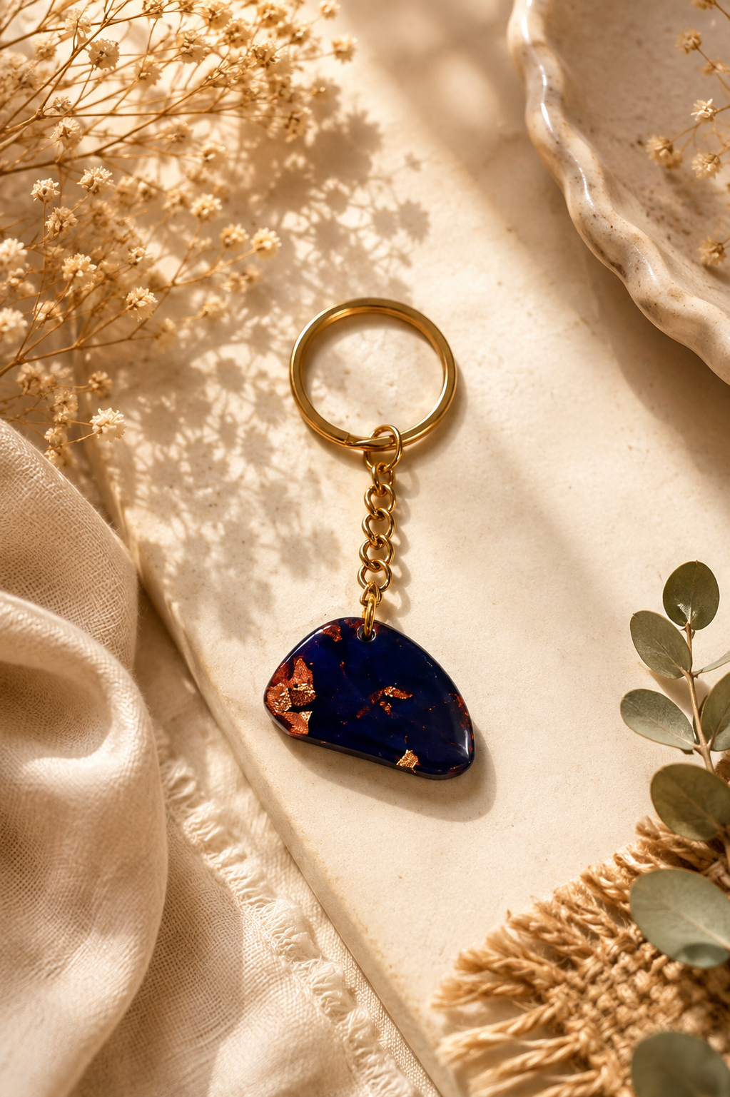 Handcrafted Deep Indigo Pebble Copper Leaf Resin Keychain