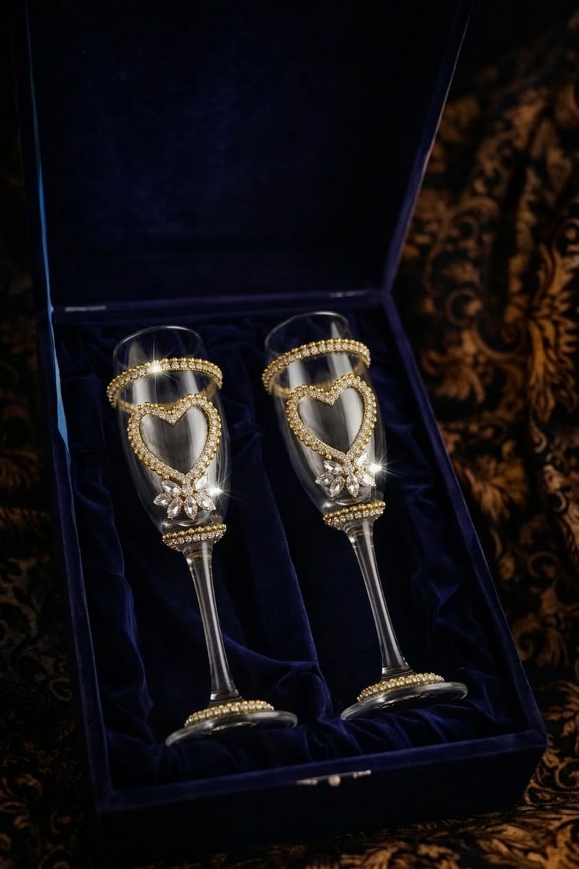 Gold Heart Crystal Embellished Champagne Flutes Set with Velvet Box - Pack of 2