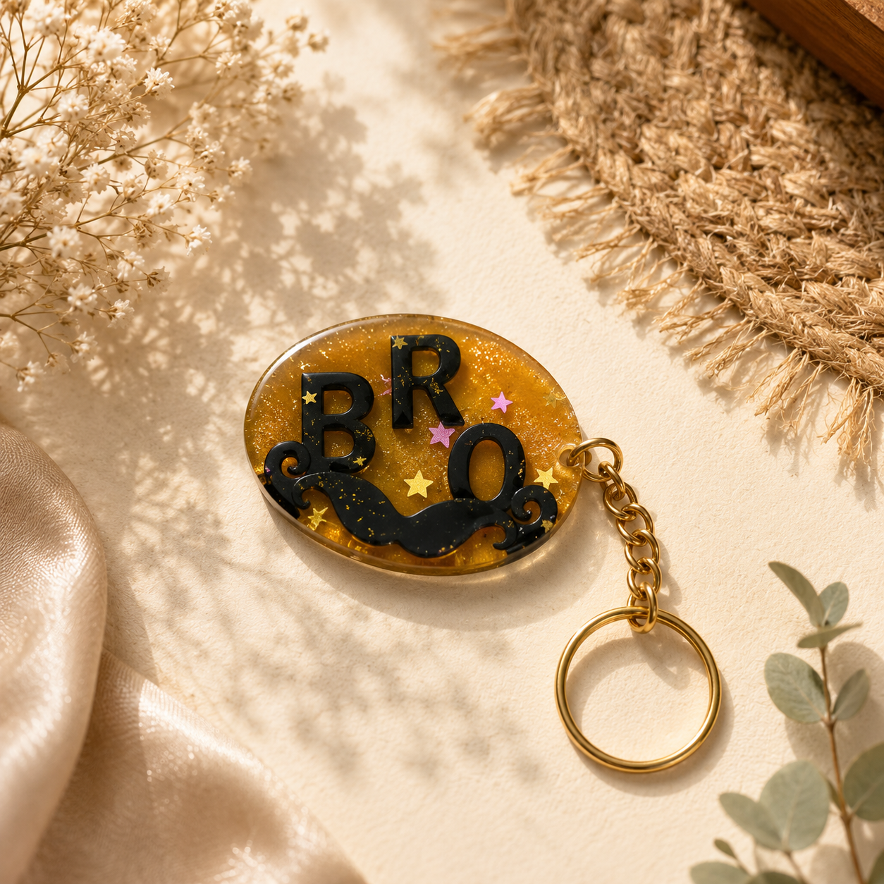 Handcrafted Golden Amber Oval 'BRO' Moustache Resin Keychain