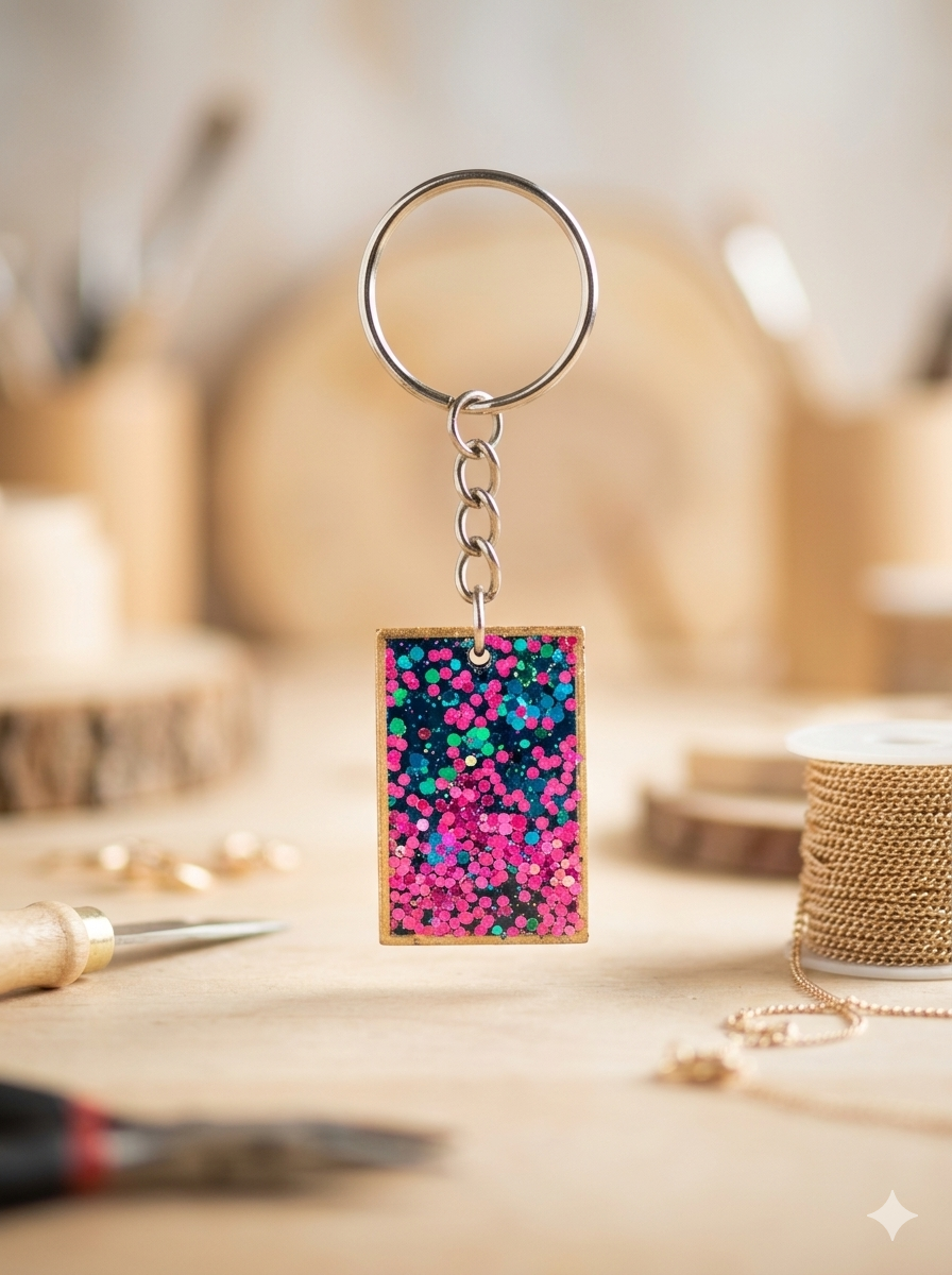 Handcrafted Golden Frame Galaxy Glitter Resin Keychain