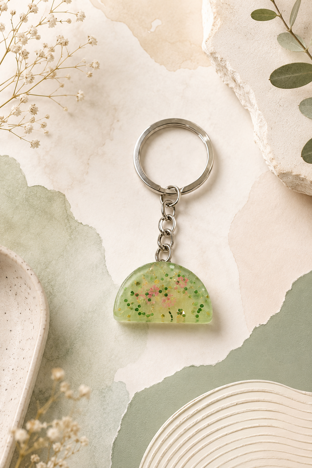 Handcrafted Half-Moon Sage Green Floral & Glitter Resin Keychain