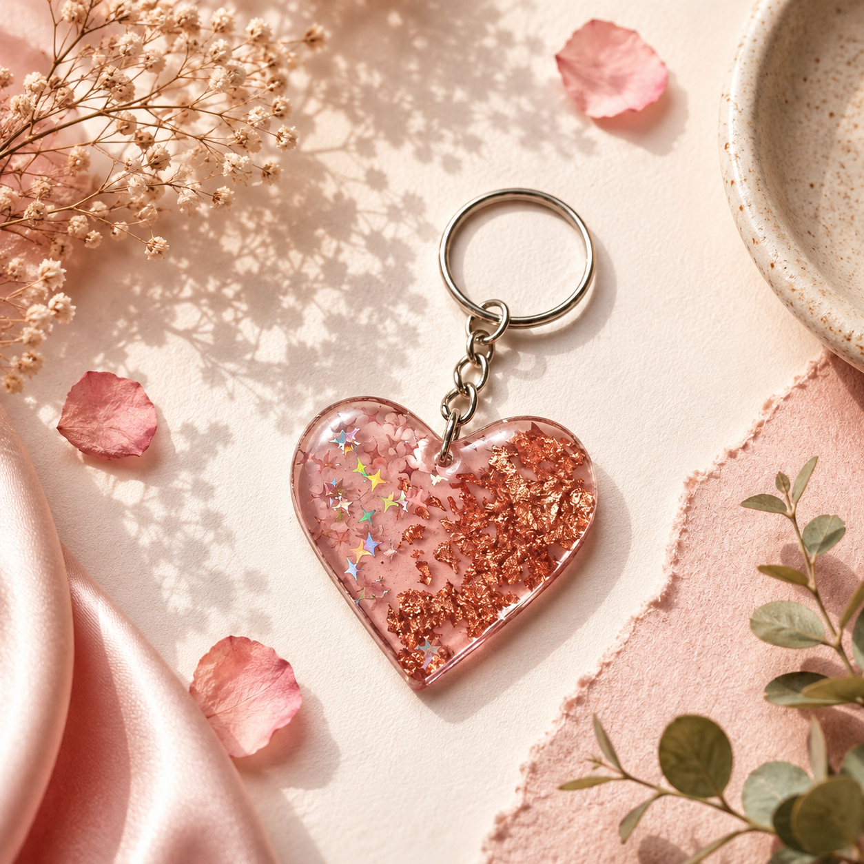 Handcrafted Heart Pink Floral, Copper Foil & Star Glitter Resin Keychain