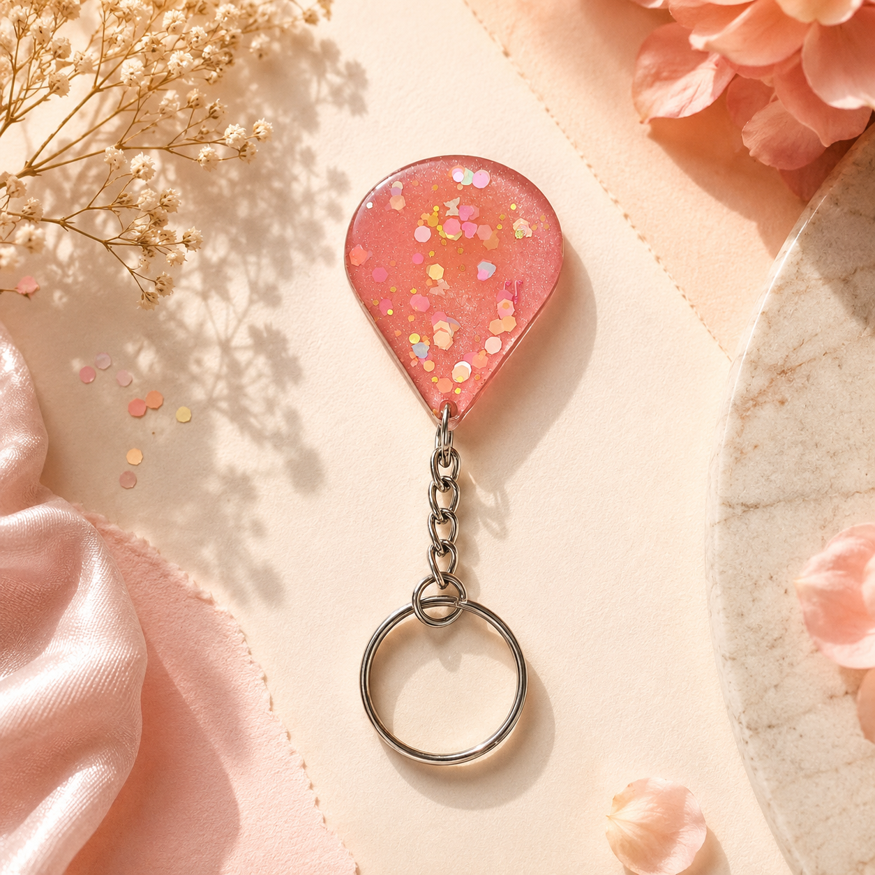 Handcrafted Hot Pink Balloon Chunky Hex Glitter Resin Keychain