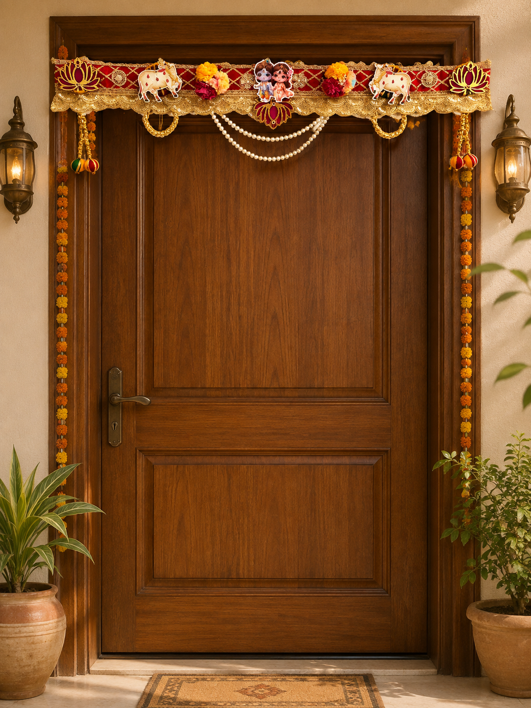 Handcrafted Red Velvet Kamdhenu Cow & Radha Krishna Door Toran