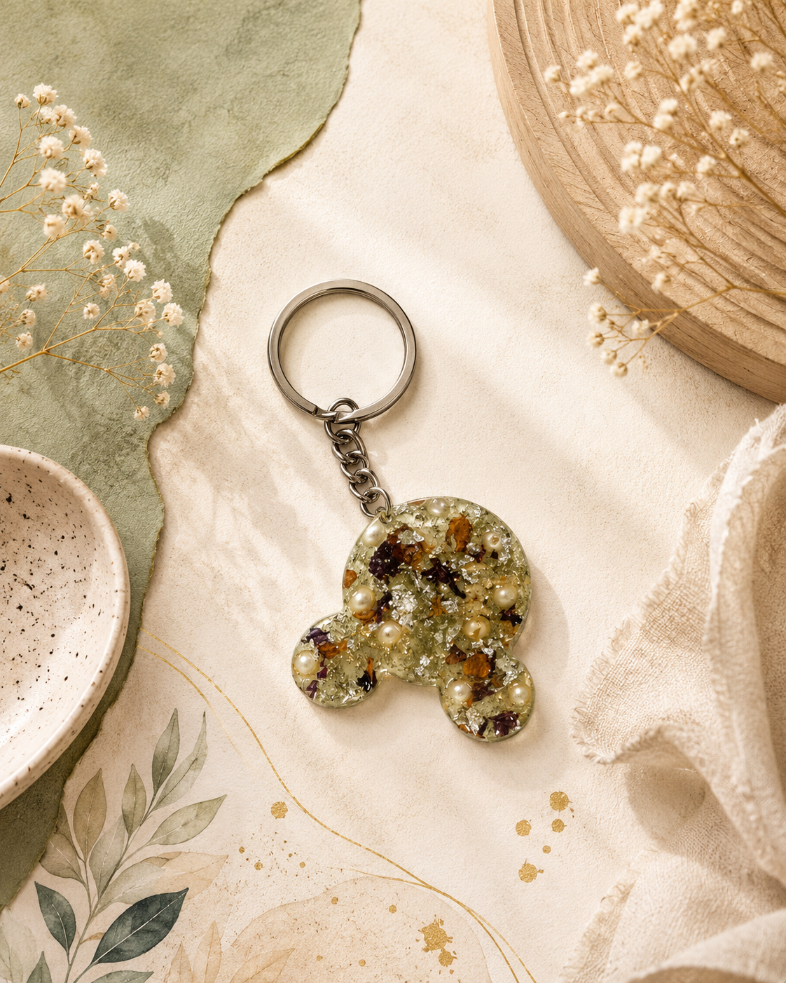 Handcrafted Mickey Mouse Floral & Pearl Resin Keychain