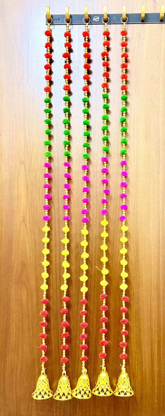 Handcrafted Multi-Color Pom-Pom Golden Bell Hanging Toran Set of 5
