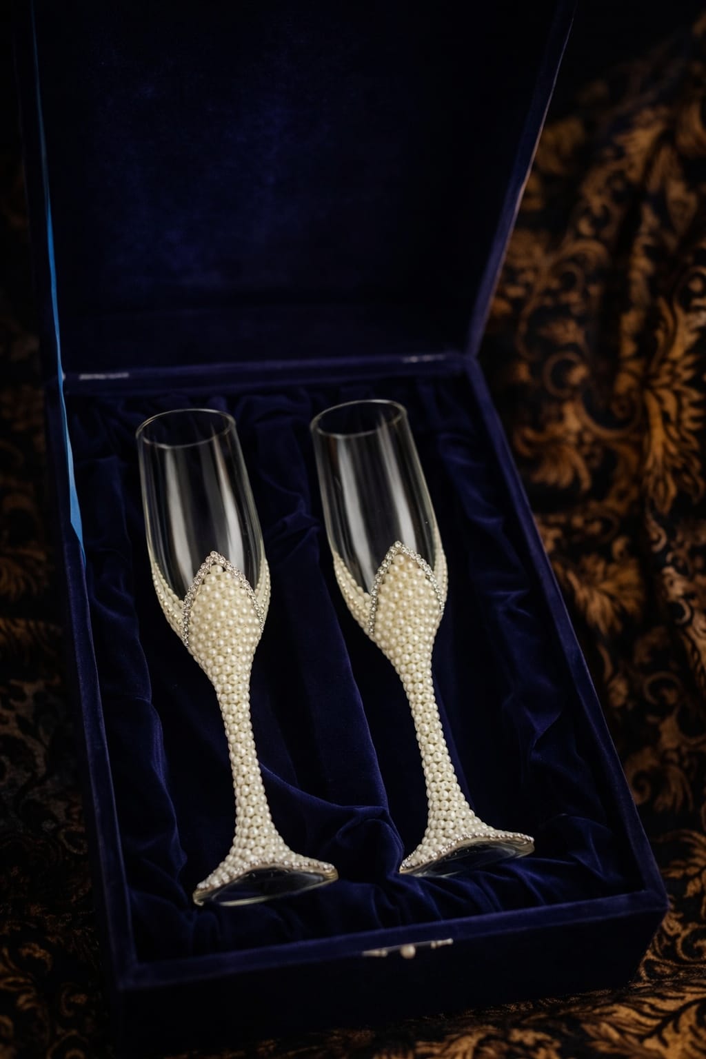 Pearl & Crystal Embellished Champagne Flutes Set with Velvet Box - Pack of 2