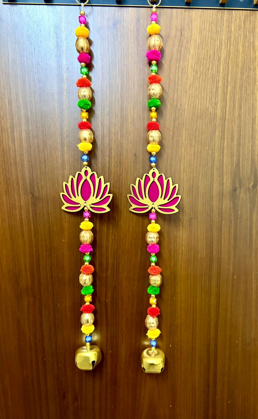 Handcrafted Pink & Gold Lotus Cutout Golden Bell Hanging Toran Set of 2 (2 ft)