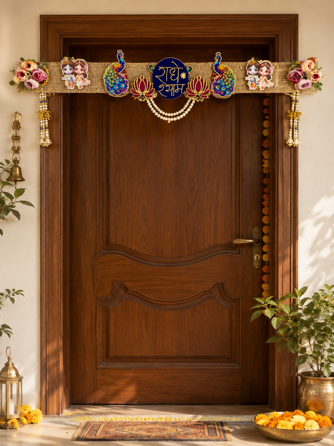 Handcrafted Radhe Shyam Peacock & Lotus Floral Door Toran