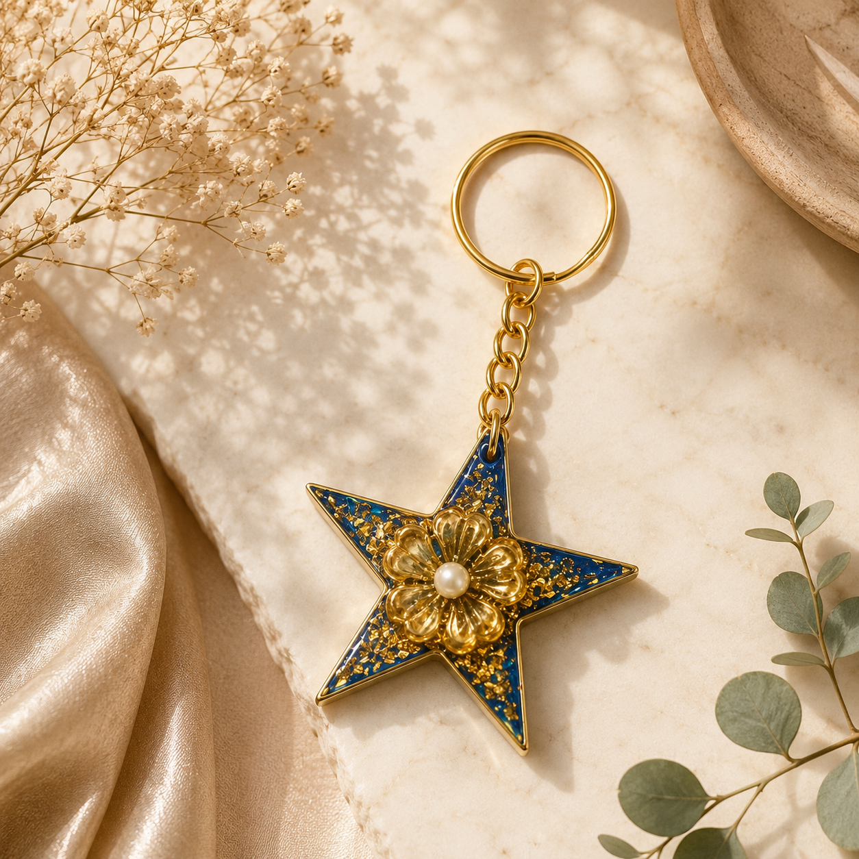 Handcrafted Royal Blue & Gold Star Floral Pearl Resin Keychain