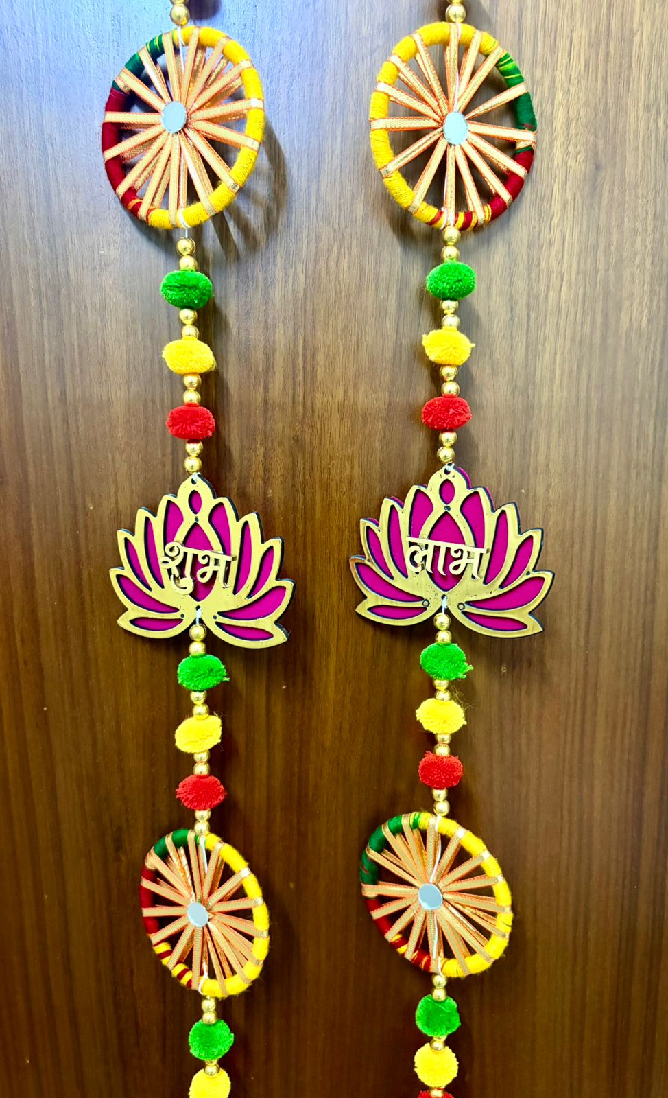 Handcrafted Shubh Labh Lotus & Bamboo Thread Wheel Hanging Toran Set of 2