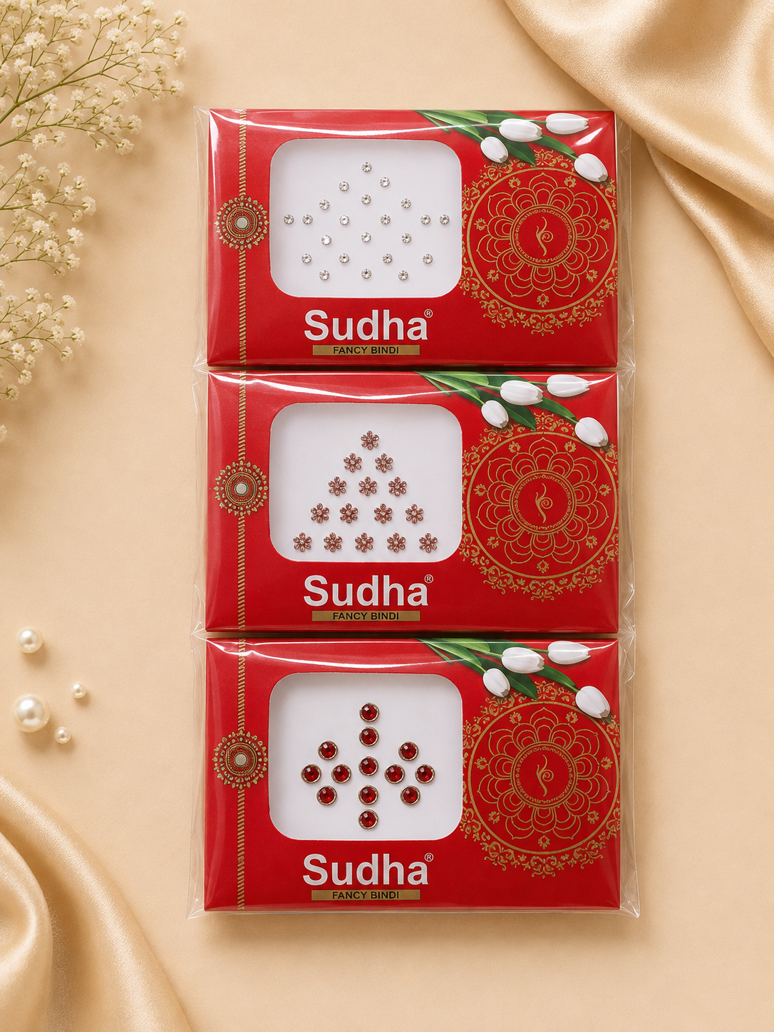 Sudha Queen Diamond, Floral & Ruby Red Crystal Bindi Pack Set