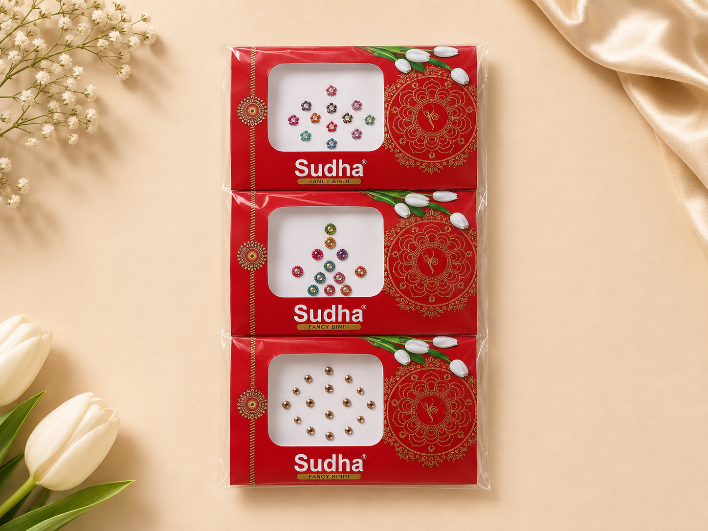 Sudha Queen Multi-Color & Champagne Crystal Bindi Pack Set