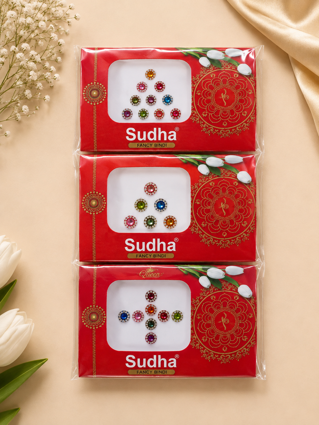 Sudha Queen Multi-Tone Round Jewel & Beaded Kundan Bindi Pack Set