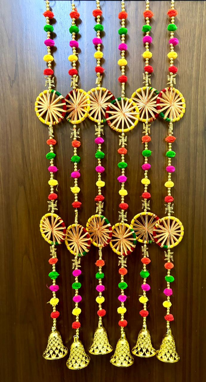 Handcrafted Swastik & Bamboo Wheel Pom-Pom Hanging Toran Set of 5 (3 ft)