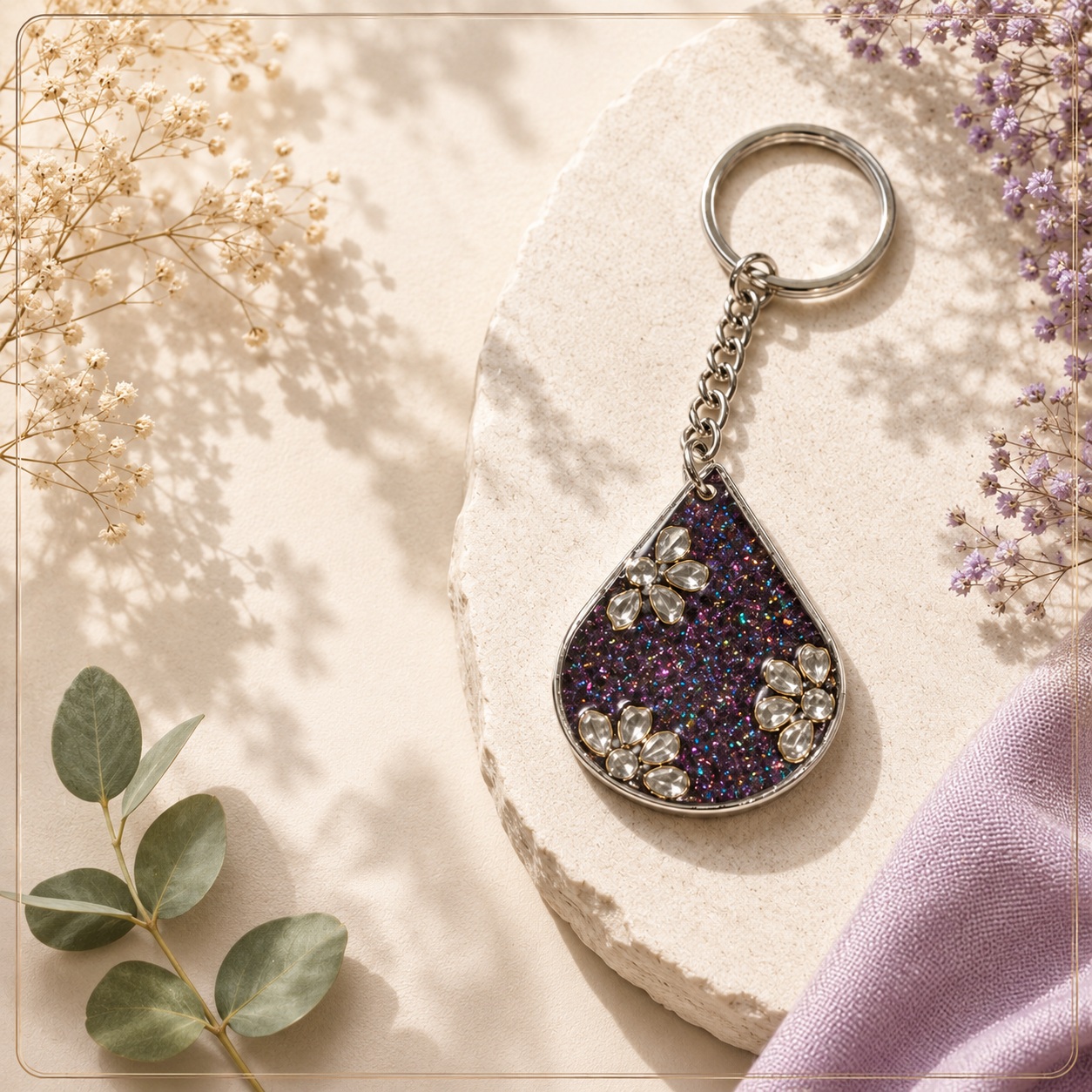 Handcrafted Teardrop Kundan Floral & Shimmer Resin Keychain