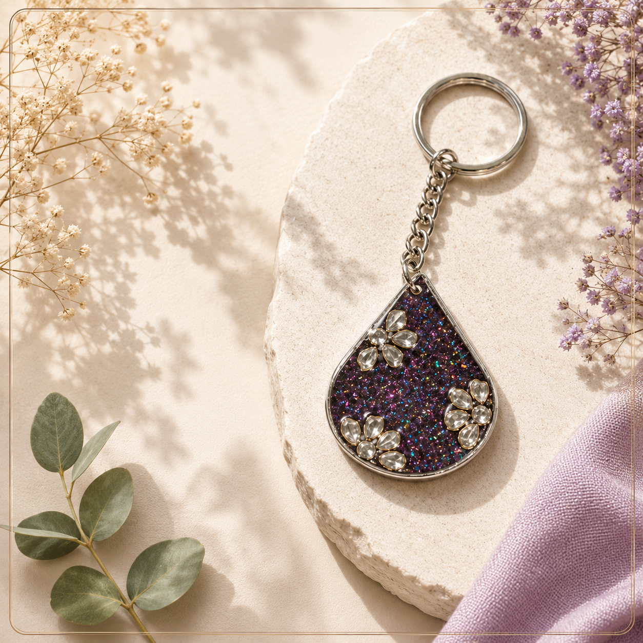 Handcrafted Teardrop Kundan Floral & Shimmer Resin Keychain