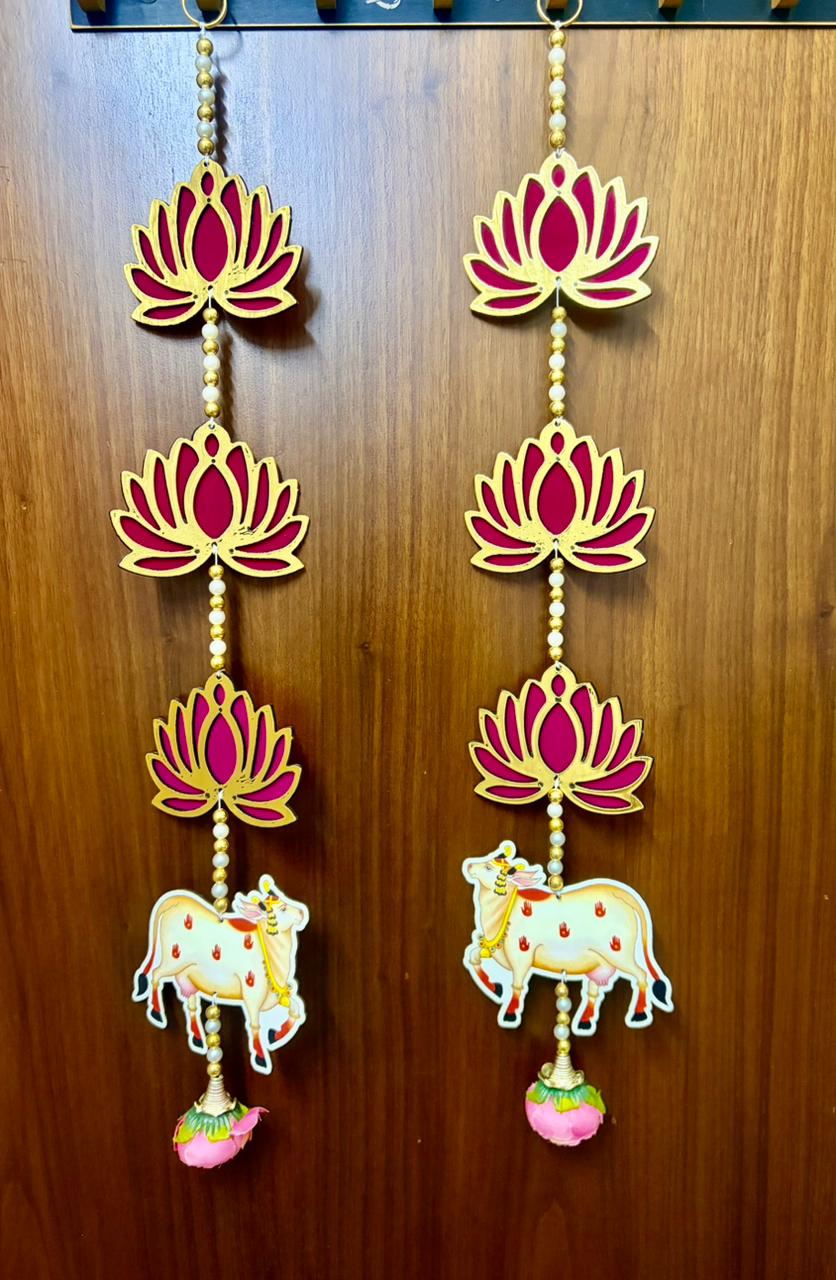 Handcrafted Triple Pink Lotus & Sacred Cow Pearl Hanging Toran Set of 2