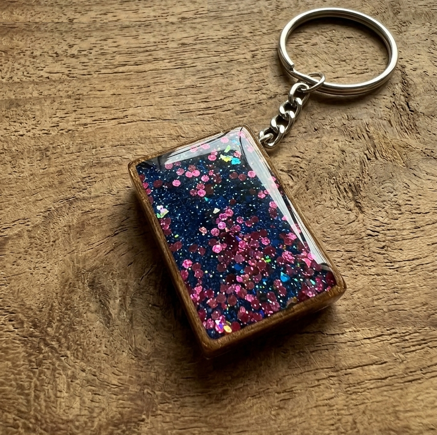 Handcrafted Wooden Framed Galaxy Glitter Resin Keychain